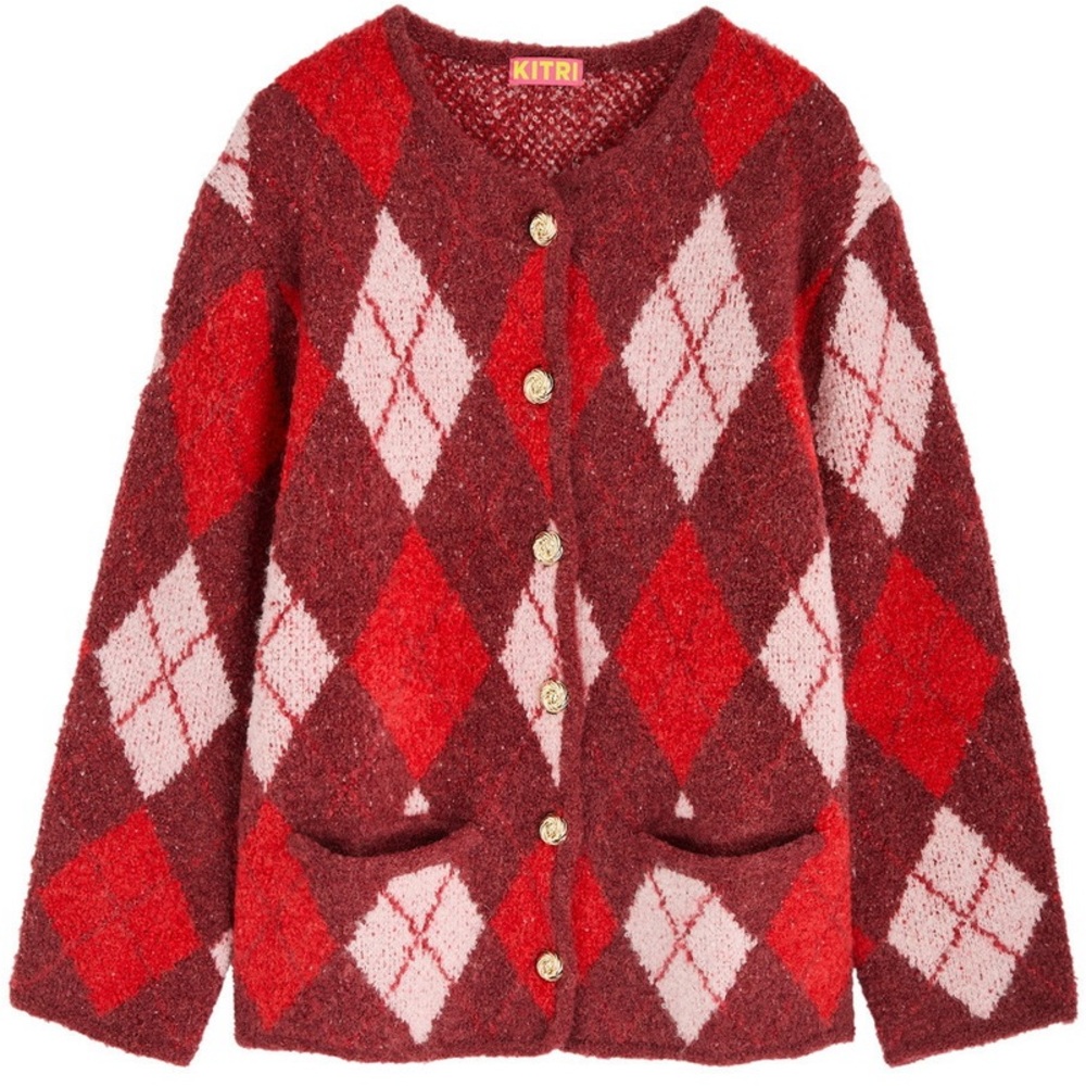 Kitri Red and Pink Argyle Cardigan